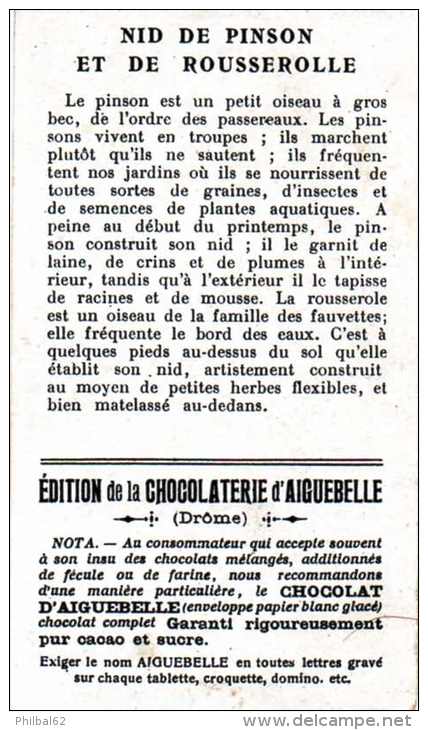 Chromo "Chocolaterie D'Aiguebelle". Les Nids D'oiseaux : Nids De Pinson Et De Rousserole. - Aiguebelle