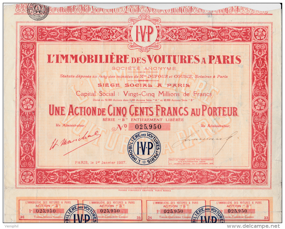 ACTION -500 FRANCS -L'IMMOBILIERE DES VOITURES A PARIS- 48000 ACTIONS SERIE B - 1927 - Automovilismo