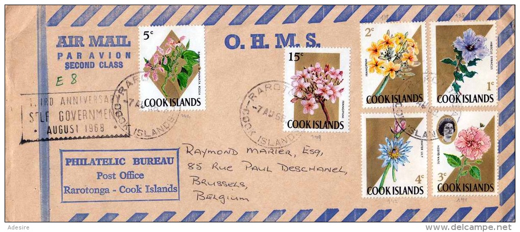 1968 COOK ISLANDS, Sehr Schöne 5 Fach Frankierung Auf Air Mail Brief Gelaufen Von Rarotonga - Cook Islands Nach Brüssel - Cookinseln