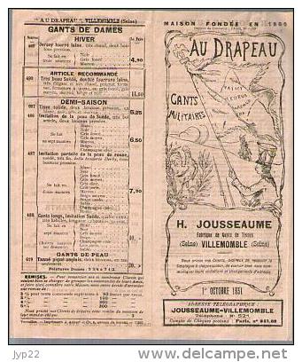 Pub Publicité H. Jousseaume Villemomble " Au Drapeau " Fabrique De Gants De Tissus Dame & Militaire Tarif - Textile & Vestimentaire