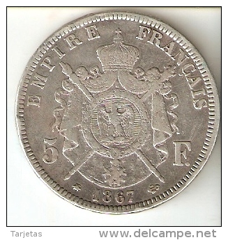 MONEDA DE PLATA DE FRANCIA DE 5 FRANCOS DEL AÑO 1867 NAPOLEON III LETRA A (COIN) SILVER-ARGENT - Otros & Sin Clasificación