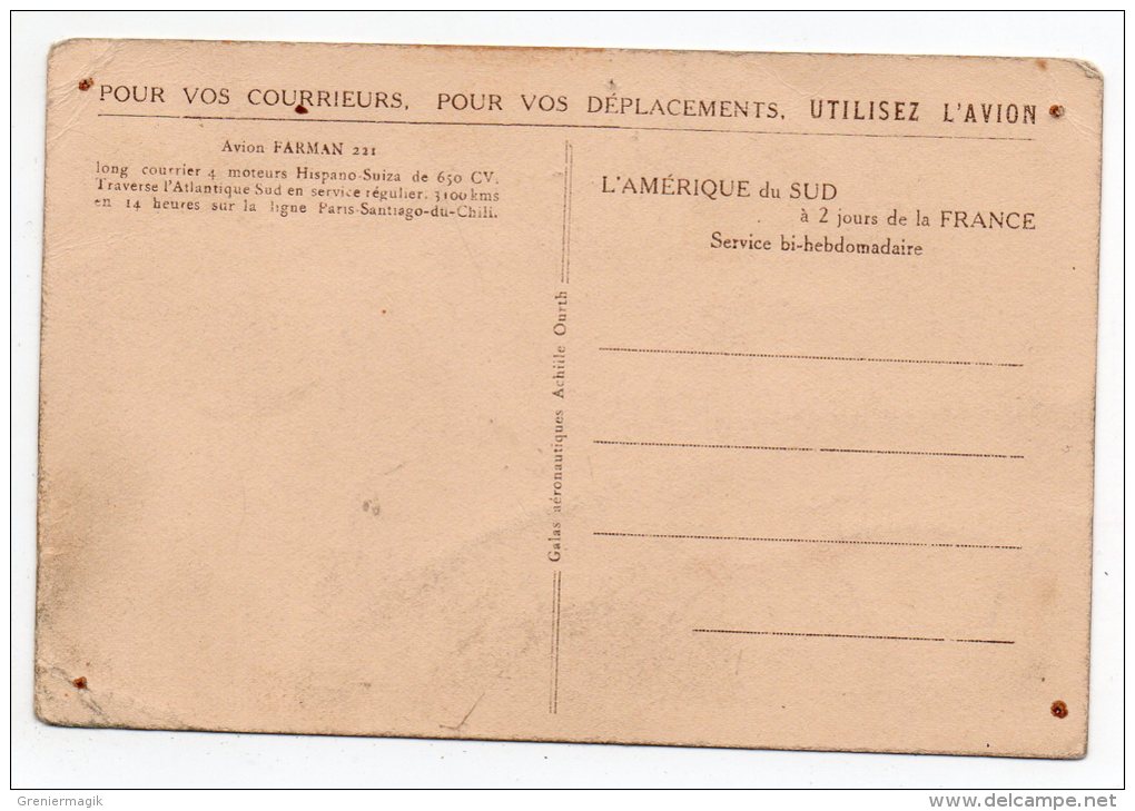 Cpa - Avion Farman 221 Long Courrier Moteurs Hispano Suiza ... Ligne Paris Santiago Du Chili - Autres & Non Classés