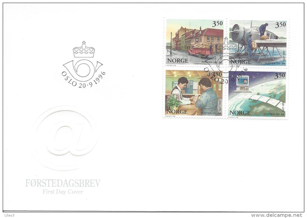 Oslo 20 9 1996 2 FDC 350 Ans De La Poste Norvégienne Bateau Vélo Ski Train Wagon Postal Hydravion Camion - FDC