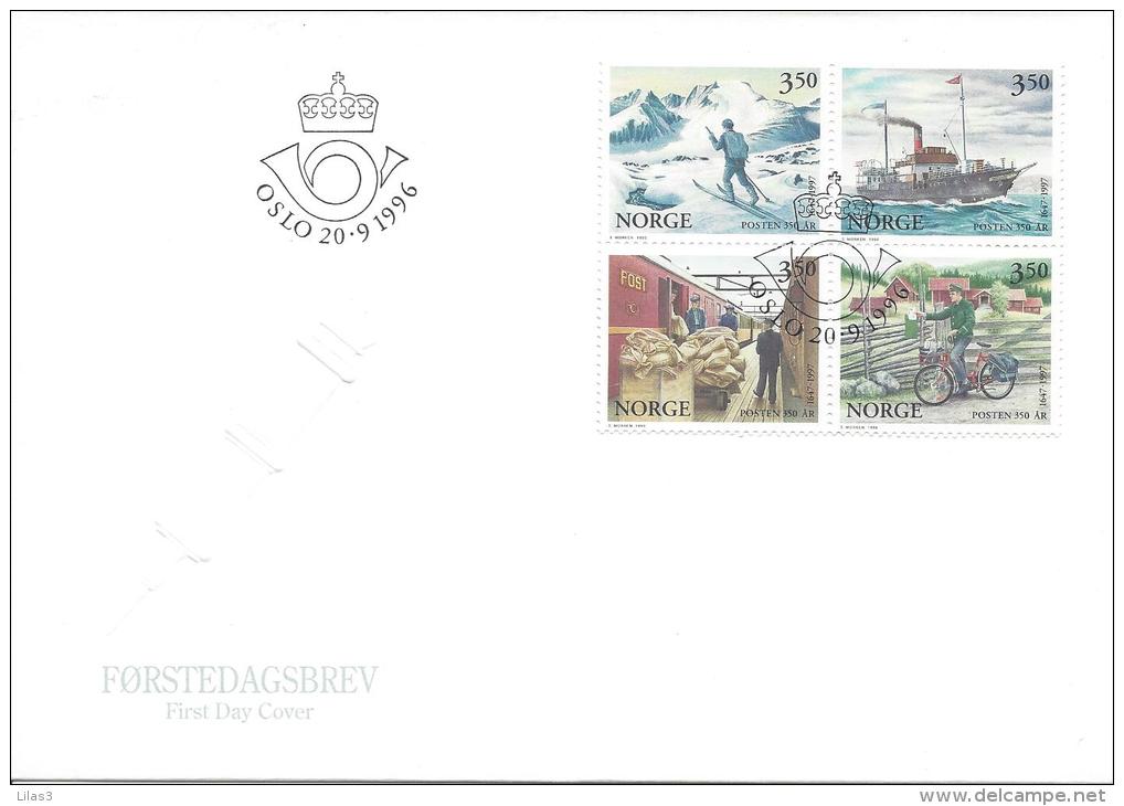 Oslo 20 9 1996 2 FDC 350 Ans De La Poste Norvégienne Bateau Vélo Ski Train Wagon Postal Hydravion Camion - FDC