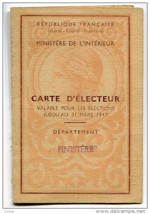 Carte D’électeur 1946 Finistère Plomeur La Palue - Non Classés