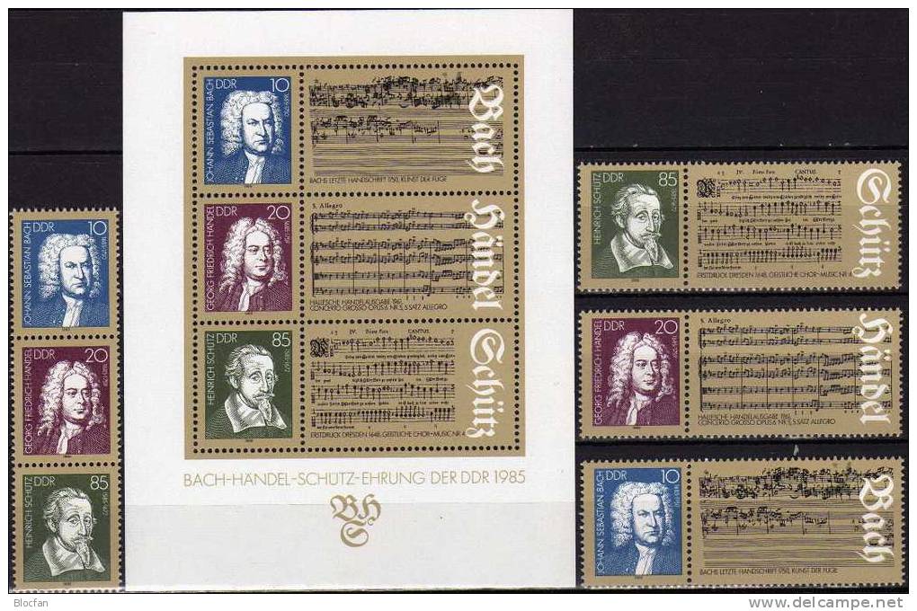 Musiker Bach Händel Schütz 1985 DDR 2931/3 4xZD+Block 81 ** 7€ Kunst Concerto Grosso Chor-Musik #4 Music Bloc Bf Germany - Chanteurs