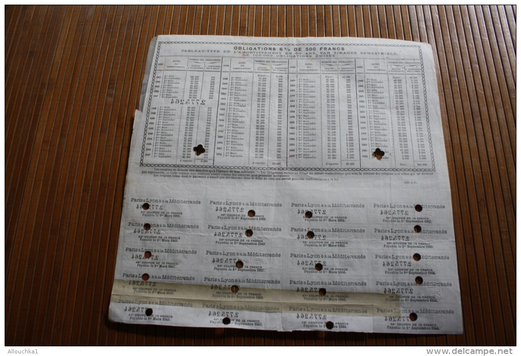 1921 SNCF Gd Réseau Chemin De Fer Intérêt Général Paris à Lyon & Méditerranée Obligation Emprunt 6 % 500F Action Perforé - Spoorwegen En Trams