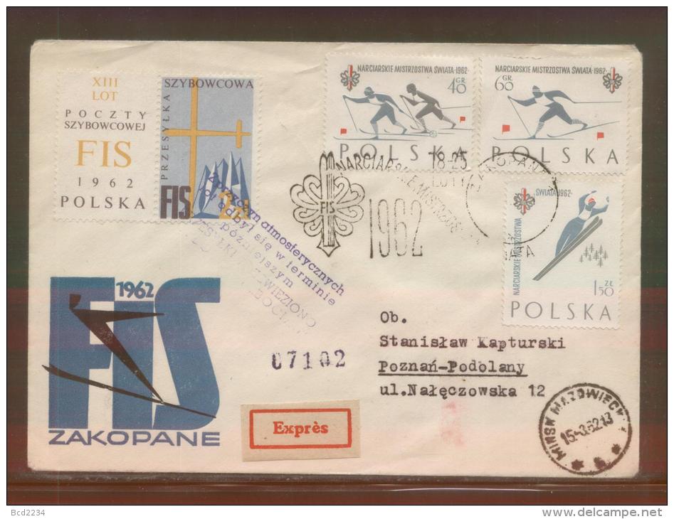 POLAND 1962 BOCIAN DELAYED GLIDER FLIGHT COVER 1 CINDERELLA LABEL1 PURPLE DELAY CACHET FIS SKIING FDC SET CINDERELLA - Zweefvliegers