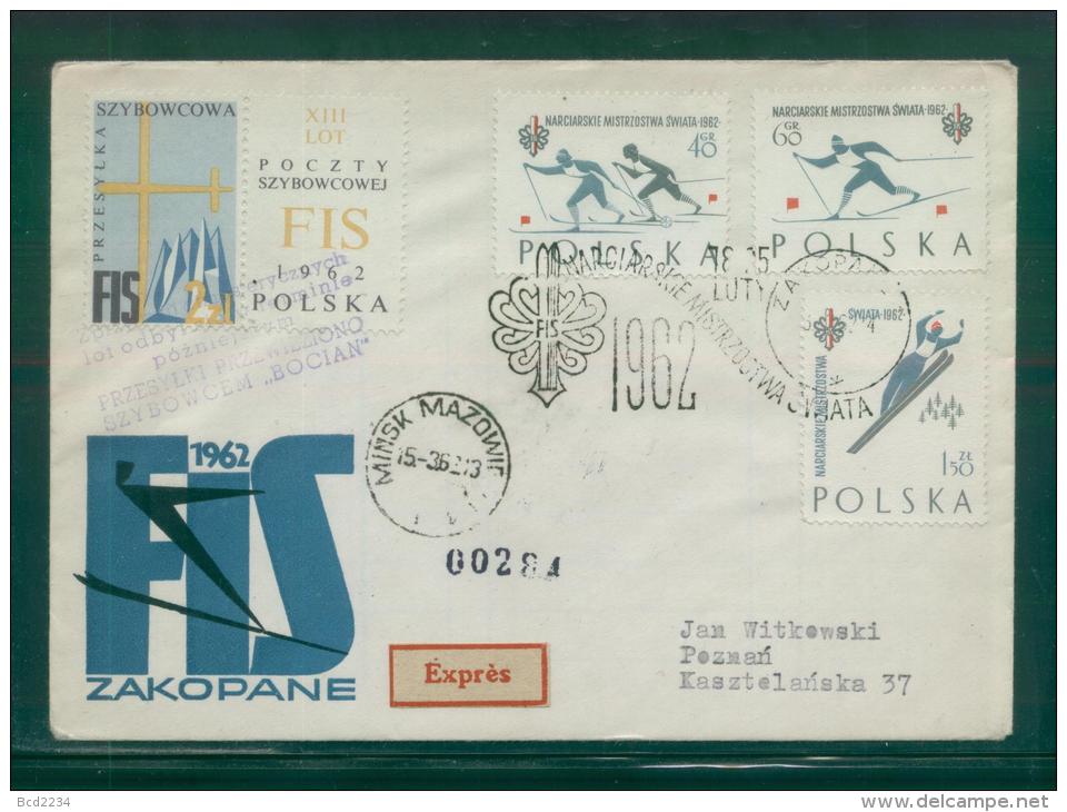 POLAND 1962 BOCIAN DELAYED GLIDER FLIGHT COVER 1 CINDERELLA LABEL 2 PURPLE DELAY CACHET FIS SKIING FDC SET CINDERELLA - Alianti