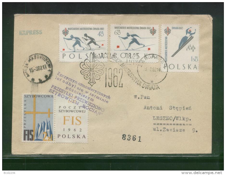 POLAND 1962 BOCIAN DELAYED GLIDER FLIGHT COVER 2 CINDERELLA LABEL 2 PURPLE DELAY CACHET FIS SKIING FDC SET CINDERELLA - Alianti