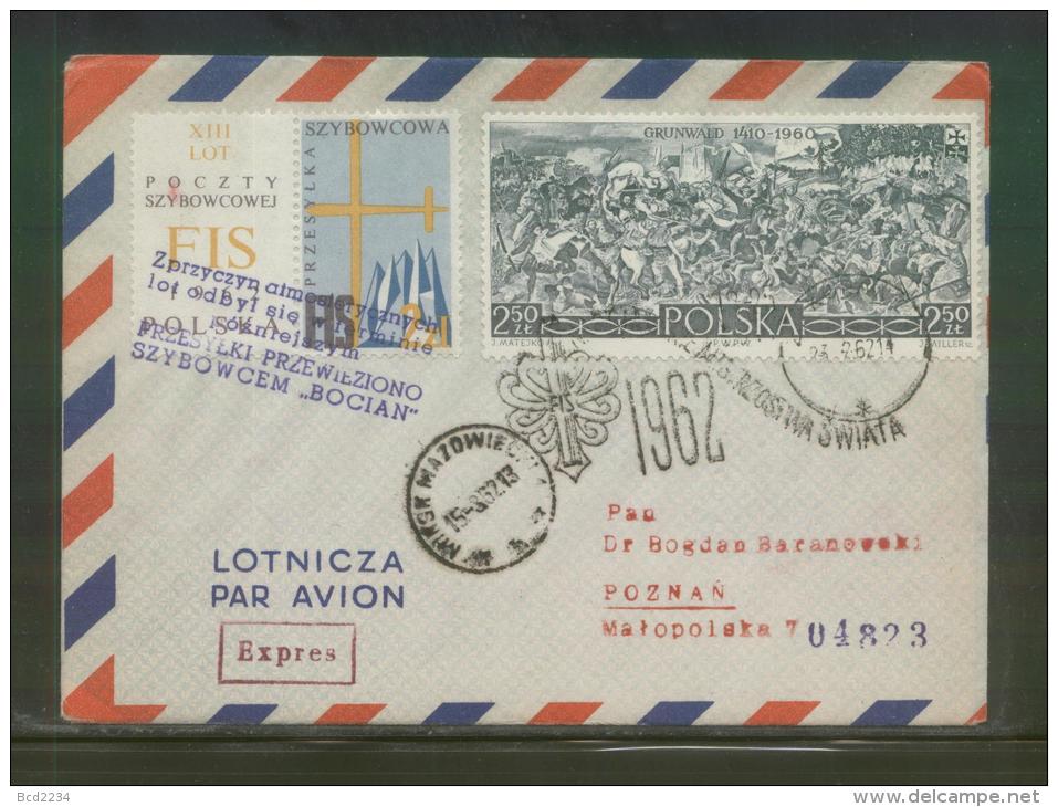 POLAND 1962 BOCIAN DELAYED GLIDER FLIGHT COVER 4 CINDERELLA LABEL 2 PURPLE DELAY CACHET FIS SKIING CINDERELLA - Planeurs