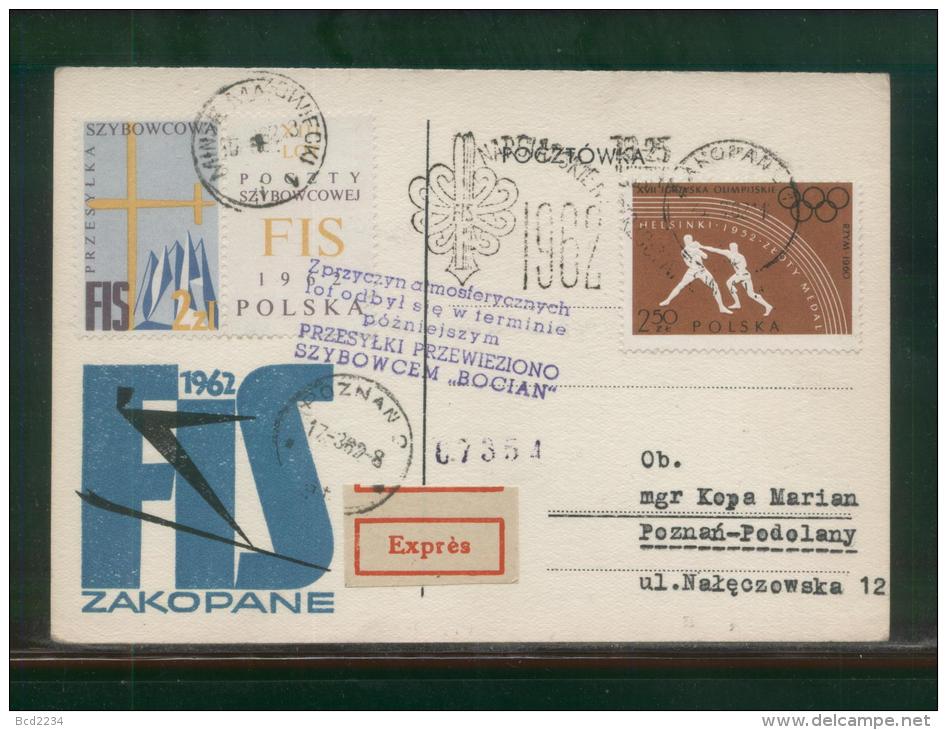 POLAND 1962 BOCIAN DELAYED GLIDER FLIGHT FIS PC CINDERELLA LABEL 2 PURPLE DELAY CACHET FIS SKIING CINDERELLA - Planeadores