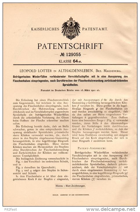 Original Patentschrift - L. Lotter In Althaldensleben , 1901 , Betrugssicherung Für Flaschen , Haldensleben !!! - Historische Dokumente