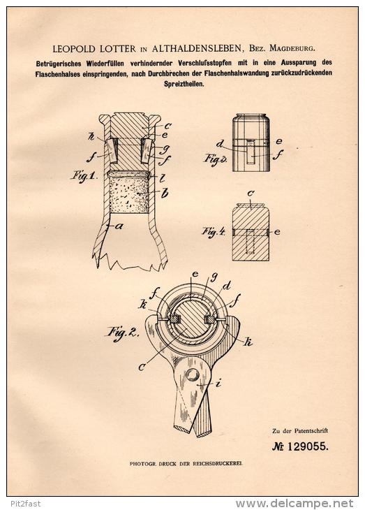Original Patentschrift - L. Lotter In Althaldensleben , 1901 , Betrugssicherung Für Flaschen , Haldensleben !!! - Historische Dokumente