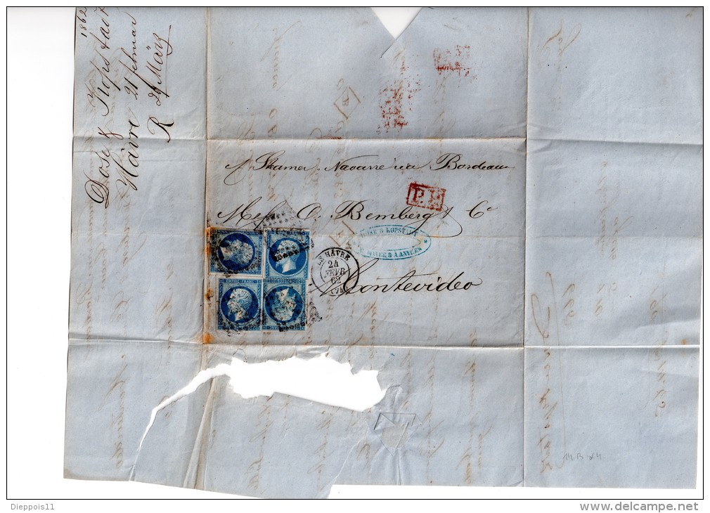 France Lettre Connaissement Via Steamer Navarre De Bordeaux Du Havre  4 Timbres 14B 1862 Port Payé Pour Montevideo - 1853-1860 Napoléon III