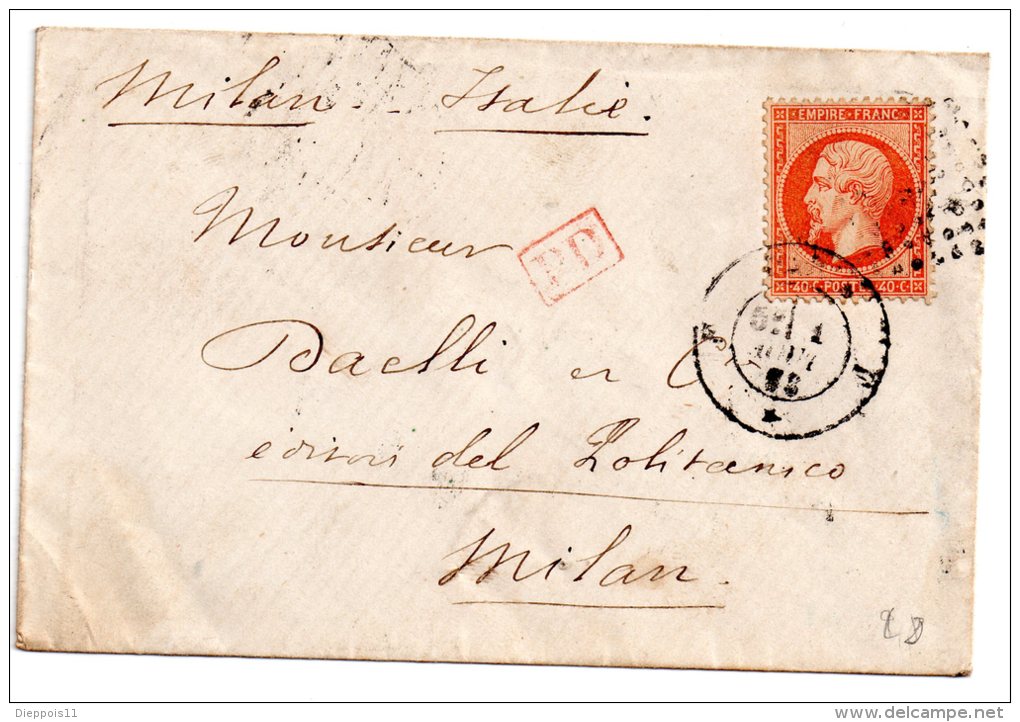 France Lettre Napoleon  N° 23 De 1863 De Paris Bureau F à Milan (Italie) Payé Jusqu'à Destination - 1862 Napoléon III