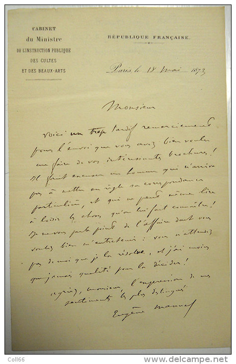 1873 Lettre Signée Las De Eugene Manuel Chef De Cabinet Jules Simon Fondateur Alliance Israelite Universelle Judaïca - Manuscrits