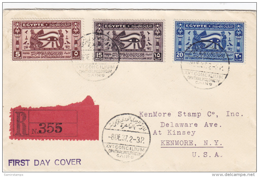 Egypt 1937, Ophtamolofy Congress, 3 Stamps Compl.set On FDC With Special Cancellat.sent To USA-verso Date-SKRILL ONLY - Covers & Documents