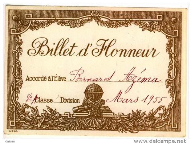 Billet D'Honneur Mars 1955  TBE - Diplomi E Pagelle
