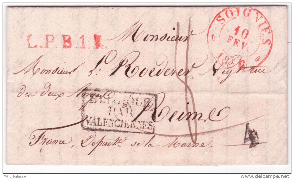 L. De SOIGNIES/1836 + LPB1R + "4" Au Tampon +BELGIQUE/PAR/VALENCIENNES Pour Reims - 1830-1849 (Independent Belgium)
