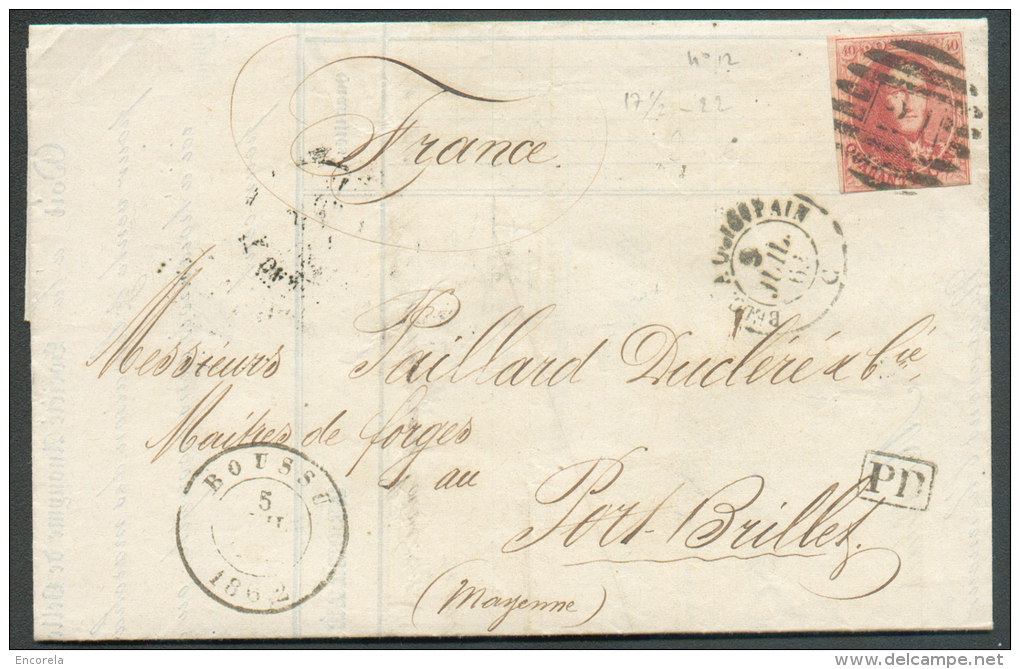 N°12 - Médaillon 40 Centimes Vermillon, Effleuré En Bas Sinon Belle Nuance Et Obl. 8 Barres P.21 Sur Lettre Datée De ELO - 1858-1862 Medaillons (9/12)