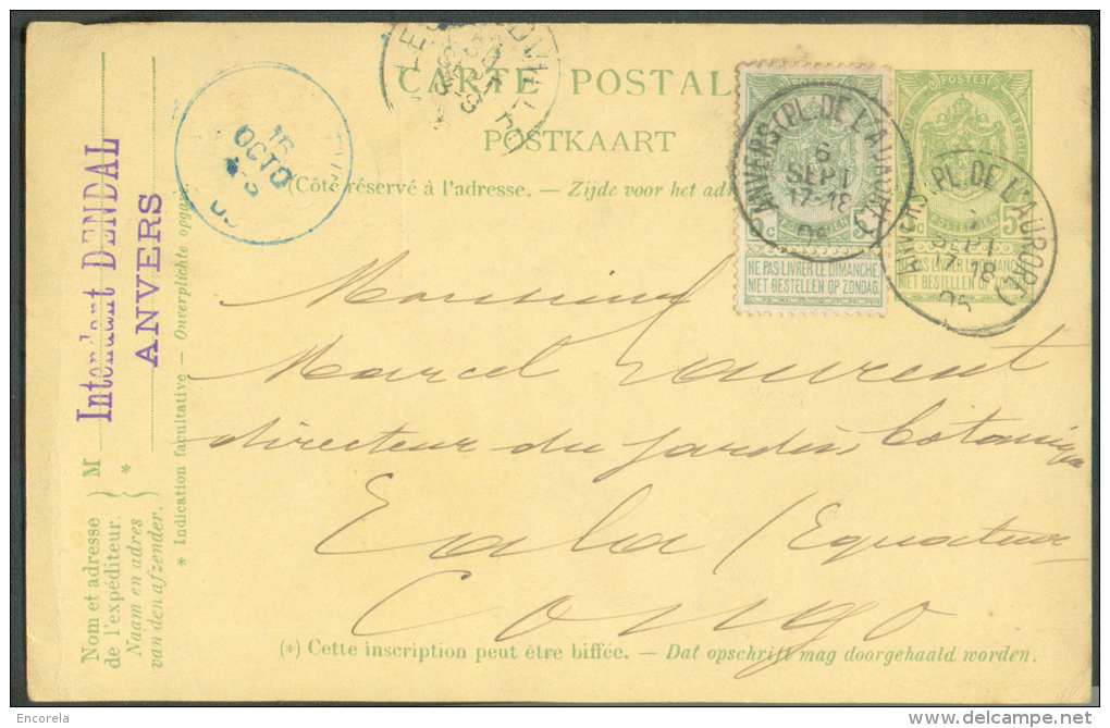 E.P. Carte 5 Centimes + Compément (N°56) Obl. Sc ANVERS (Place De L'AURORE) Du 6 Septembre 1905 Vers EALA (Equateur - Co - Postkarten 1871-1909