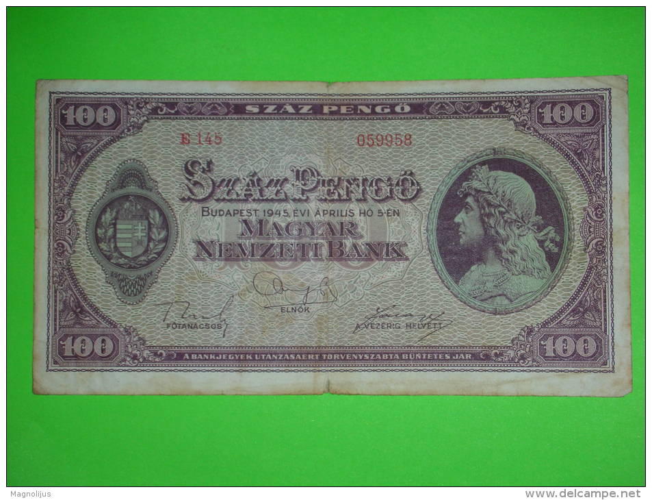 Hungary,inflation,100 Pengo,WWII,1945.,banknote ,paper Money,bill,vintage - Ungheria