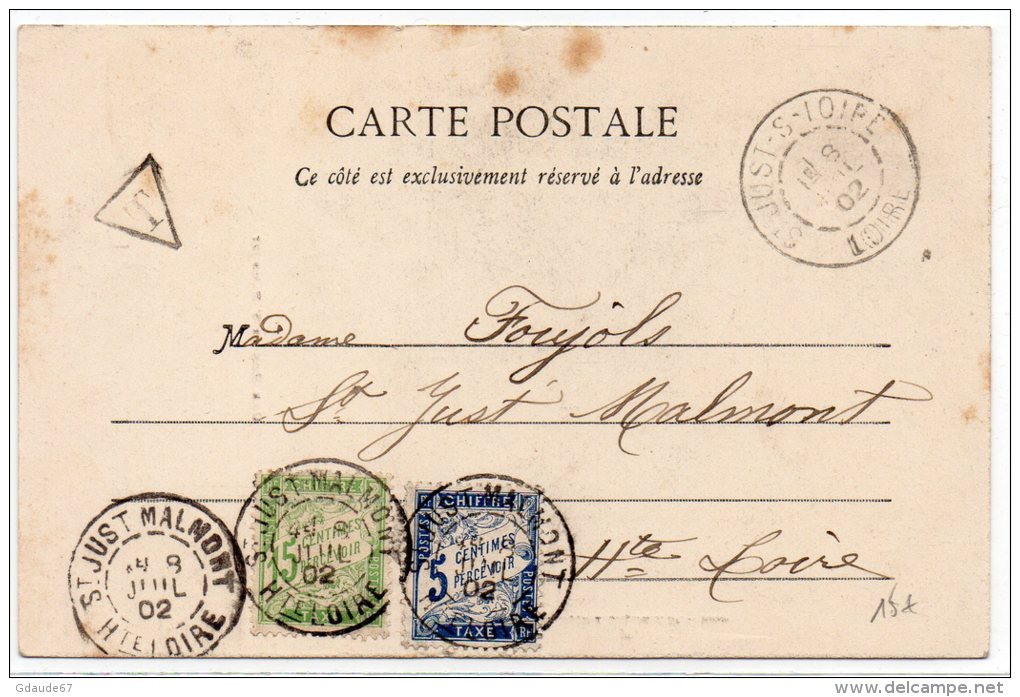 1902 - TAXE (15c + 5c) De SAINT JUST MALMONT (HAUTE LOIRE) Sur CP De SAINT JUST SUR LOIRE - 1859-1959 Lettres & Documents