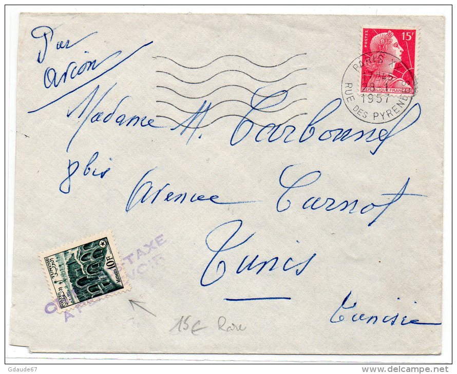 1957 - ENVELOPPE TAXEE à TUNIS (TUNISIE) Avec Un TIMBRE POSTE (RARE) - TAXE - MULLER - Tunisie (1956-...)