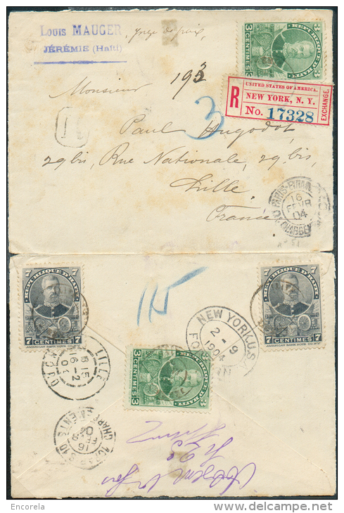 N°51(2)-55(2) Obl. Dc JEREMIE Sur Lettre Recommandée Du 16 Février 1904 Vers Lille (France) + Etiquette De Recommandatio - Haïti