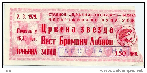 Sport Match Ticket UL000006 - Football (Soccer): Crvena Zvezda (Red Star) Belgrade Vs West Bromwich Albion: 1979-03-07 - Match Tickets