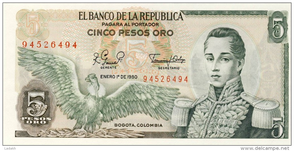 BILLET # COLOMBIE # 1980 # CINQ PESOS ORO # NEUF # PICK 406 - Kolumbien