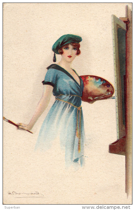 ART DÉCO : PORTRAIT D´une JEUNE FEMME En ROBE BLEUE - PEINTRE - ILLUSTRATION SIGNÉE : S. BOMPARD ~ 1910 (p-340) - Bompard, S.