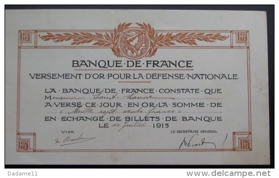 Banque De France Versement D'or 1915     1700 Francs - Autres & Non Classés