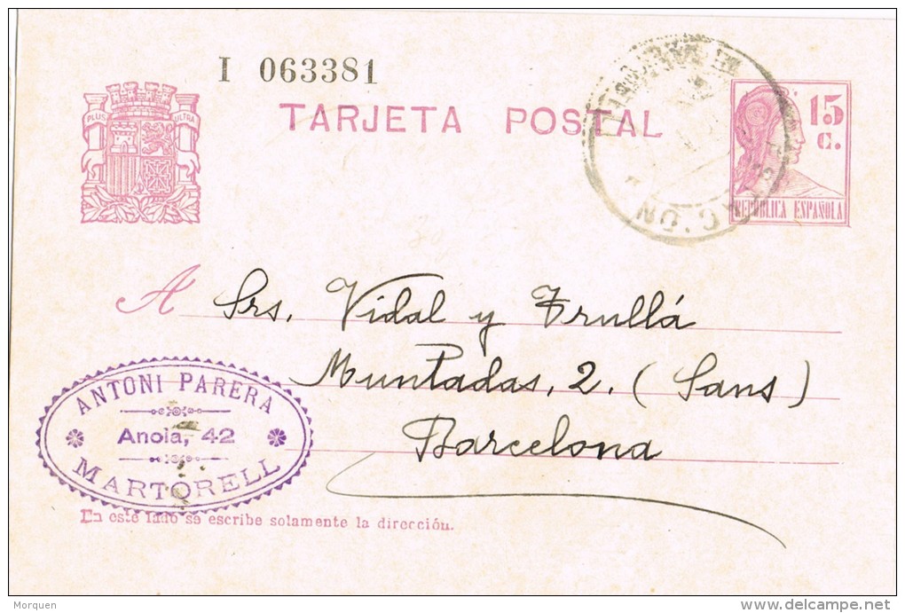 5637. Entero Postal MARTORELL (barcelona) 1936. Fechador ESTACION - 1931-....