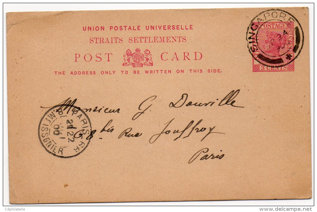 SINGAPOUR (STRAITS SETTLEMENTS)  ENTIER POSTAL DEPART SINGAPORE  SP 24 1900 ARRIVEE PARIS 22 OCT 1900 - Singapour (1959-...)