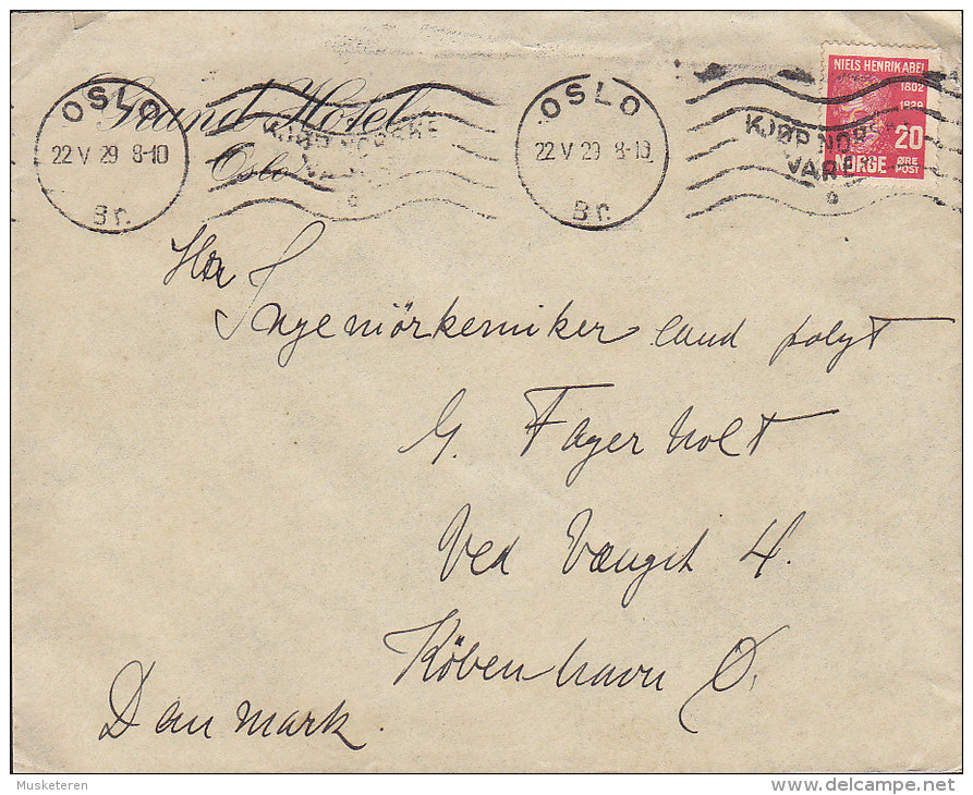 Norway GRAN HOTEL Cachet , OSLO 1929 Cover Brief KØBENHAVN Ø. Denmark Niels Henrik Abel Stamp (2 Scans) - Briefe U. Dokumente