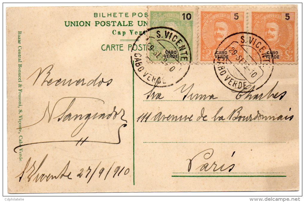 CAP-VERT CARTE POSTALE DEPART S. VICENTE 29-SETo-10 POUR LA FRANCE - Cap Vert