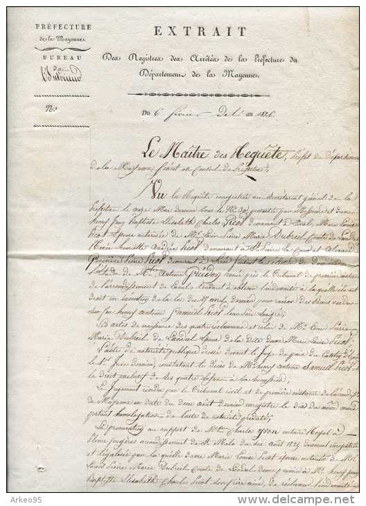 Arrêté Du Préfet De La Mayenne Du 6/2/1826. Indemnisation D´anciens émigrés Spoliés - Documentos Históricos