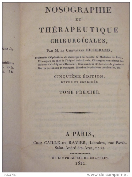 NOSOGRAPHIE ET THERAPEUTIQUE CHIRURGICALES Par Le Chevalier RICHERAND - Medecine Chirurgie Operation   1821 - 1801-1900