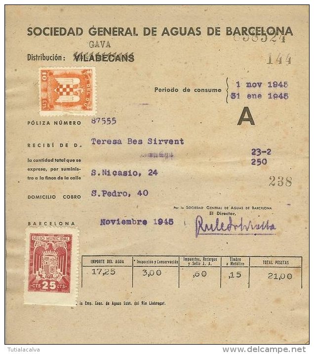 España 029, Water, Eau, Invoice, Facture, Barcelona Municipal Revenue, 1945, Franco - España