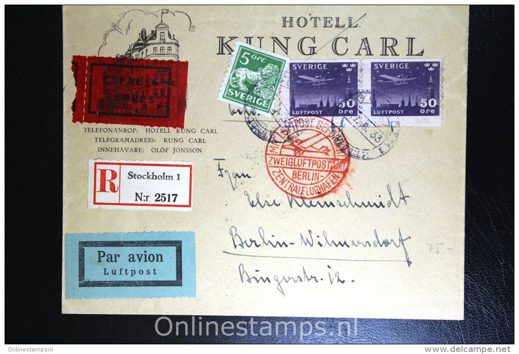 Sweden: Registered Cover 1933 Stockholm To Berlin, F 232 Strip Of 2, Zweigflugpost Berlin, Expresslabel - Brieven En Documenten