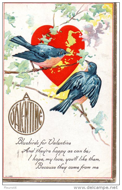 Illustrée Gaufrée : Oiseaux Bleus Sur Des Feuilles Stylisées Devant Un Coeur Rouge . A VALENTINE - Valentinstag