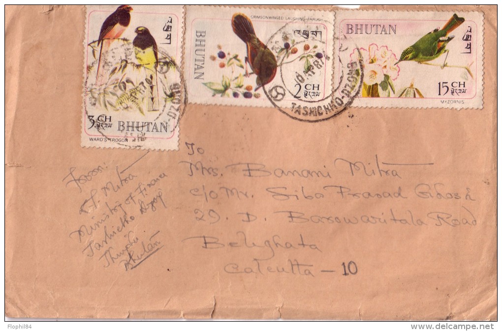 BOUTHAN - RARE LETTRE ET BEL AFFRANCHISSEMENT AVEC DES OISEAUX - LETTRE POUR CALCUTTA - Bhutan