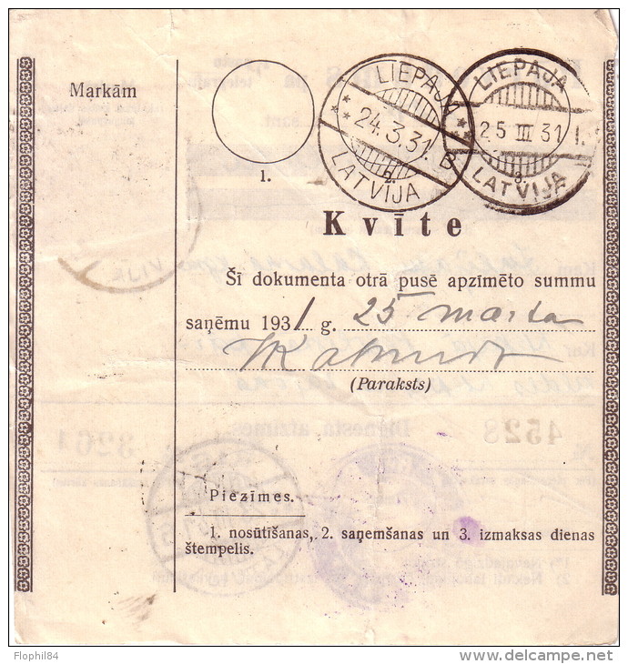 LETTONIE -  FORMULAIRE DE POSTE DE RIGA LE 23-3-1931. - Lettonie