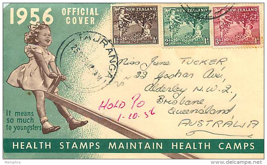 1956  Health Stamps    Tauranga Cancel  To Australia - FDC