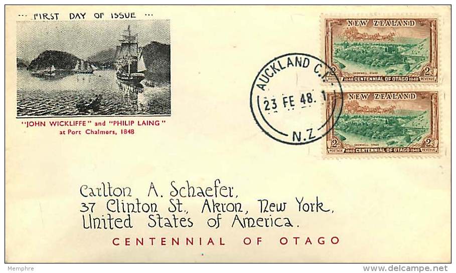 1948  Otago Centennial 2d X2  Illustrated FDC To USA - FDC