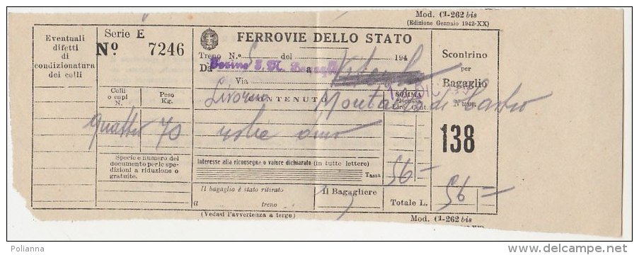 PO2217C# BIGLIETTO FERROVIE DELLO STATO - TRENI - TORINO-LIVORNO-MONTALTO DI CASTRO 1942 - Europa