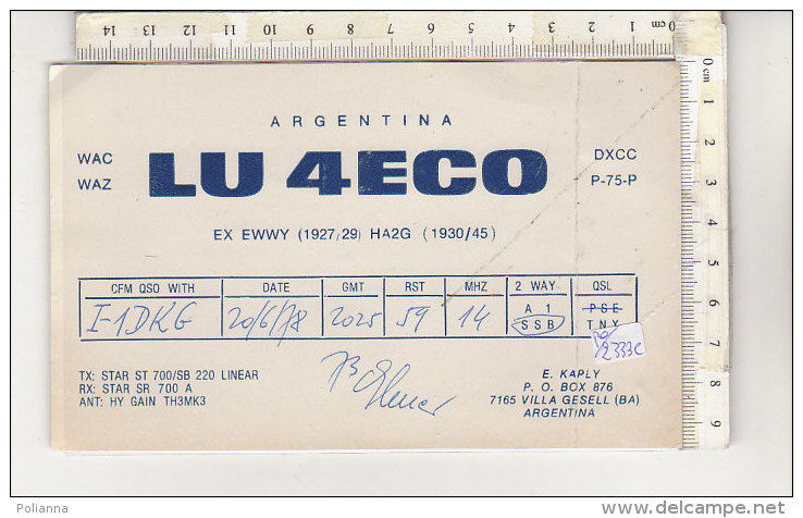 PO2333C# CARTE QSL RADIO - VILLA GESELL BUENOS AIRES - ARGENTINA LU 4ECO 1978 - Radio