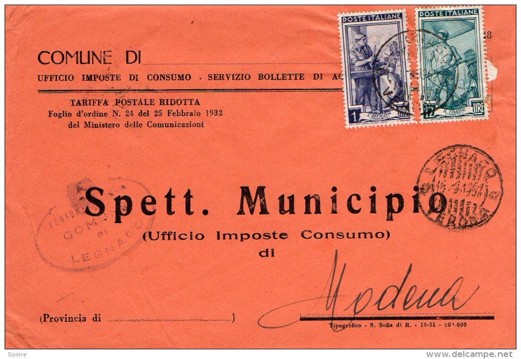 1952 STORIA POSTALE COMUNI ITALIA AL LAVORO BELLA BUSTA MULTIAFFRANCATA COMUNE DI LEGNAGO(VERONA)--R931 - 1946-60: Storia Postale